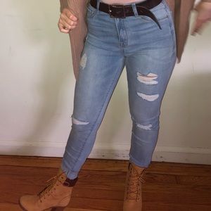 Light blue ripped jeans.